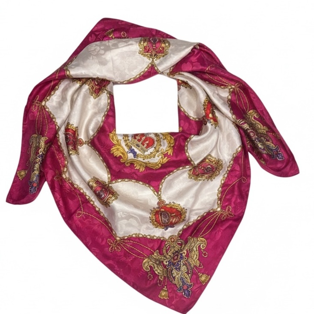 Vintage Leslie Fay Scarf Fuchsia Pink Floral Damask Crown Chain Baroque Square - Picture 3 of 8